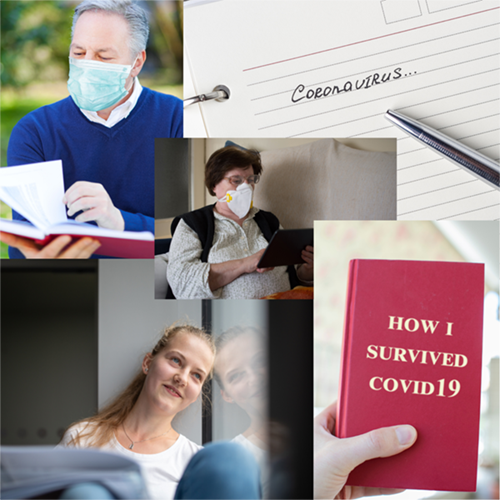 Photos of people in masks, a notebook with 