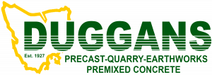 Duggans logo - Est. 1927 - precast-quarry-earthworks-premixed concrete - graphic of outline of Tasmania