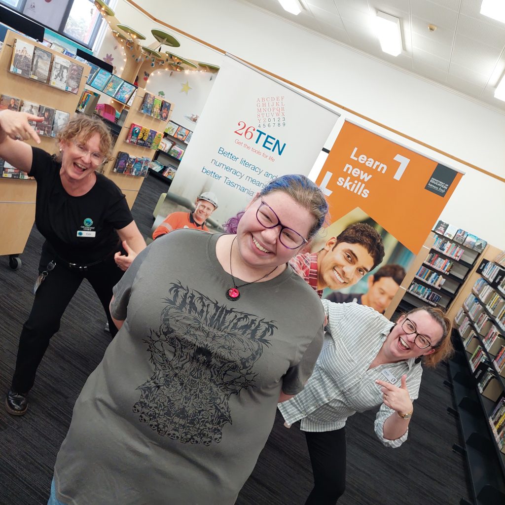 Photo of adult learner Jenna with Chelsea (Libraries Tasmania) and Kate (26Ten)
